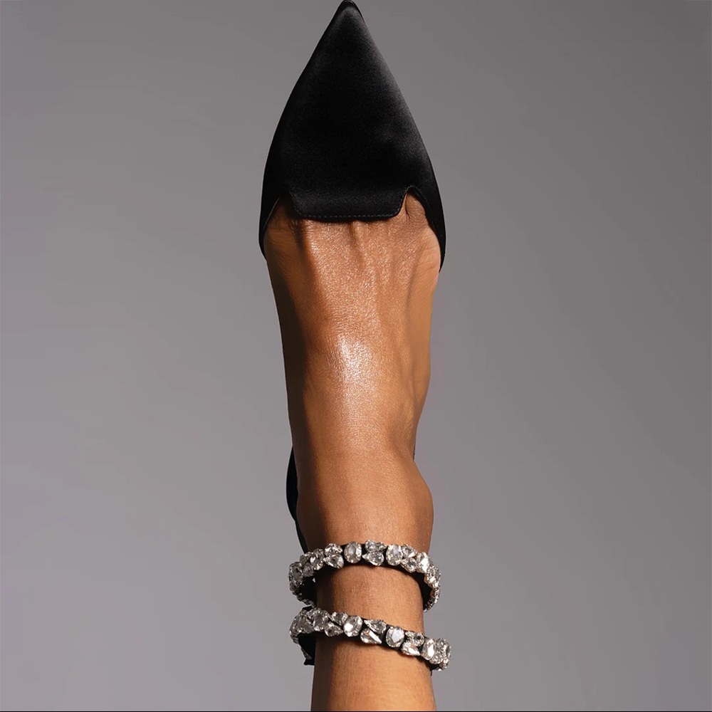 Black Pointed Toe Women's Flat with Crystal Ankle Straps